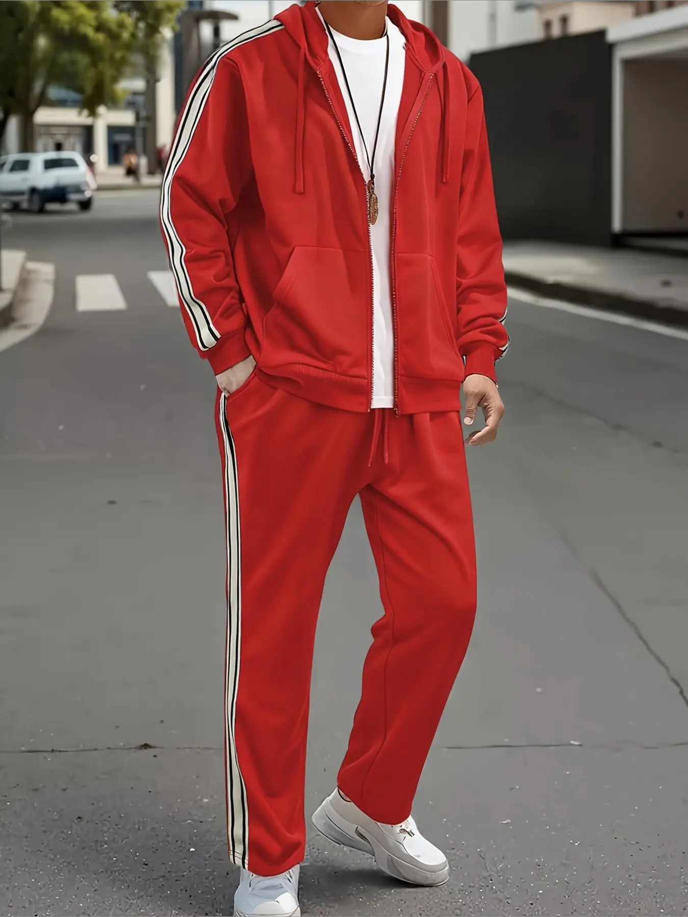 Men's 2-Piece Tracksuit, Zip Up Hooded Jacket & Side Stripe Sweatpants, Slim Leg Lifting Design, Soft Comfort Outfit for Daily Commute Street Casual Wear, Sports Tracksuit Set, Athleisure Sportswear Set, Athleisure Sweatsuit