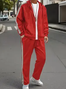 Men's 2-Piece Tracksuit, Zip Up Hooded Jacket & Side Stripe Sweatpants, Slim Leg Lifting Design, Soft Comfort Outfit for Daily Commute Street Casual Wear