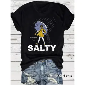 Women's Umbrella & Sality Girl Print Round Neck Tee, Vintage Trendy Casual Lightweight Knit Fitted Short Sleeve T-shirt for Daily Wear, Ladies Summer, Top