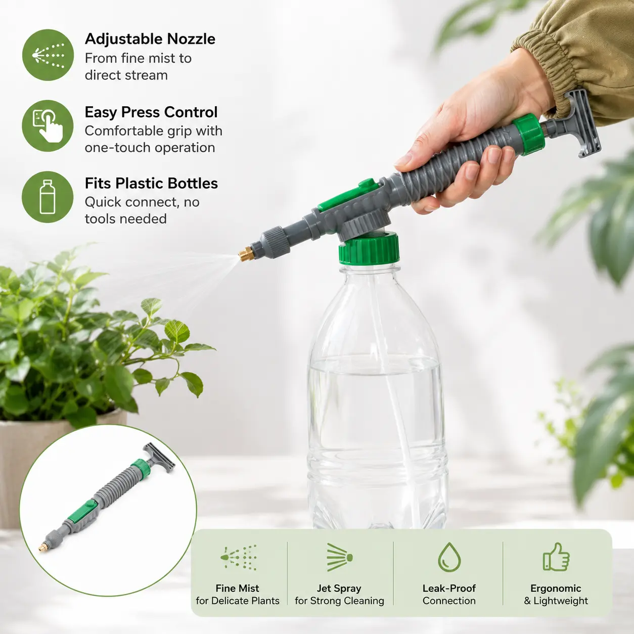 1 Count Manual Pressure Sprayer Nozzle, Adjustable Mist and Jet Mode Anti-slip Handle for Household and Garden Plant Watering