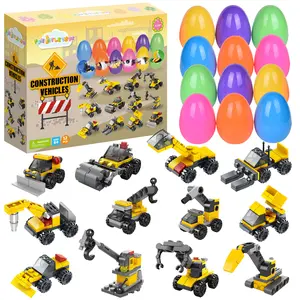 12PCS Construction Truck Building Block Vehicles Prefilled with Easter Eggs for Kids Easter Party Favors Egg Hunting Fillers