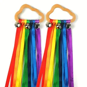Cloud Rings with Bell (2 Counts), Colorful Ribbon Bell Hand Kite Toys, Wooden Ring Diy Handmade Crafts