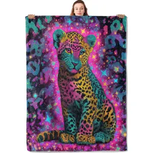Vibrant Cheetah Flannel Blanket Colorful Neon Star and Leopard Design Lightweight Throw Blankets for Picnic Travel Gathering and Home Decorate All Season Use Animal Lovers Gifts