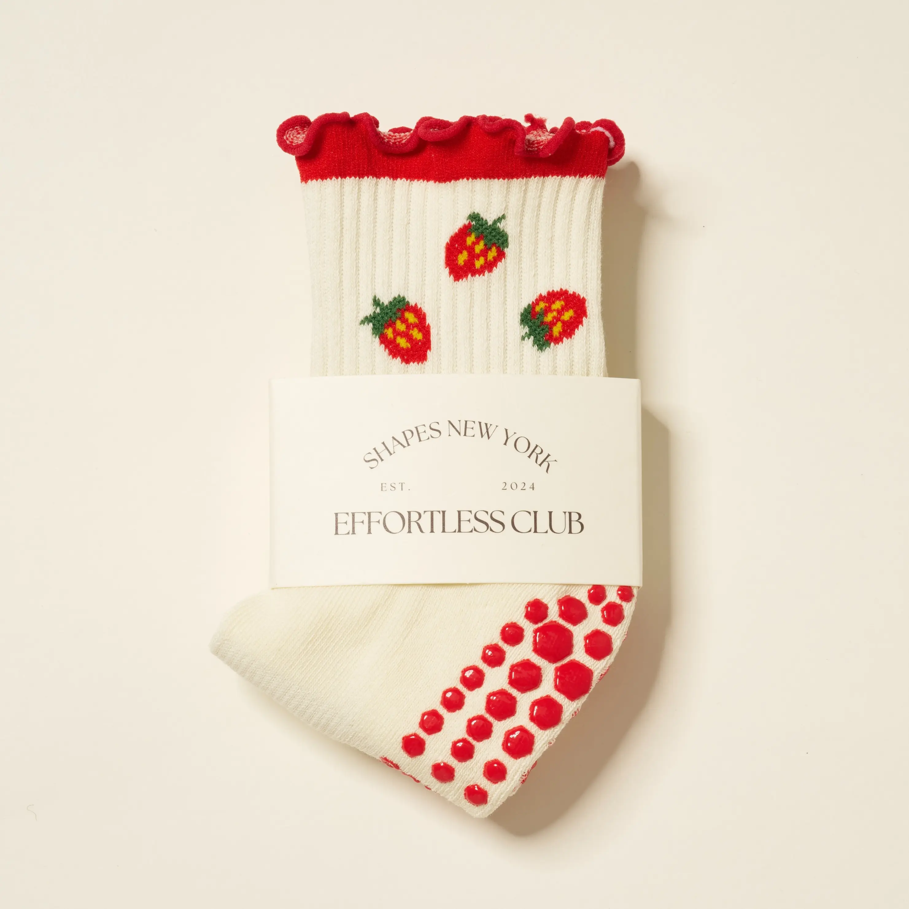 Effortless Club New York Effortless Club Grip Socks Strawberry Crew Half Calf Non-Slip Socks with Ruffle Details for Women Fits US5-US11 Cotton Spandex Everyday Wear