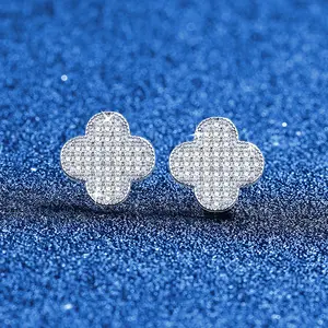 [StarsQueen]S925 Sterling Silver Four-Leaf Clover Stud Earrings with Full Moissanite Inlay - Classic Hip-Hop Style, High-End and Versatile Earrings