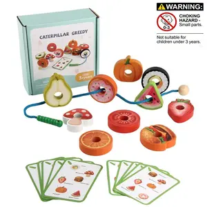 Wooden Caterpillar Fruit String Training Game Set, 1 Caterpillar String and 10 Fruit Blocks, Hand-Eye Coordination Toy, Easter Christmas Gift, Multi Activity Playset