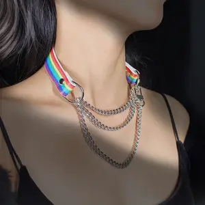CHICCHOK Rainbow Breathless Fashion Leather Choker with Movable Thick Chains, Daily Wear, Unisex, Pride Moth Gift,Handmade Cowhide Leather Fashionable Jewelry Accessories Modern Versatile Accessories christmas gifts for gf gifts for women gifts