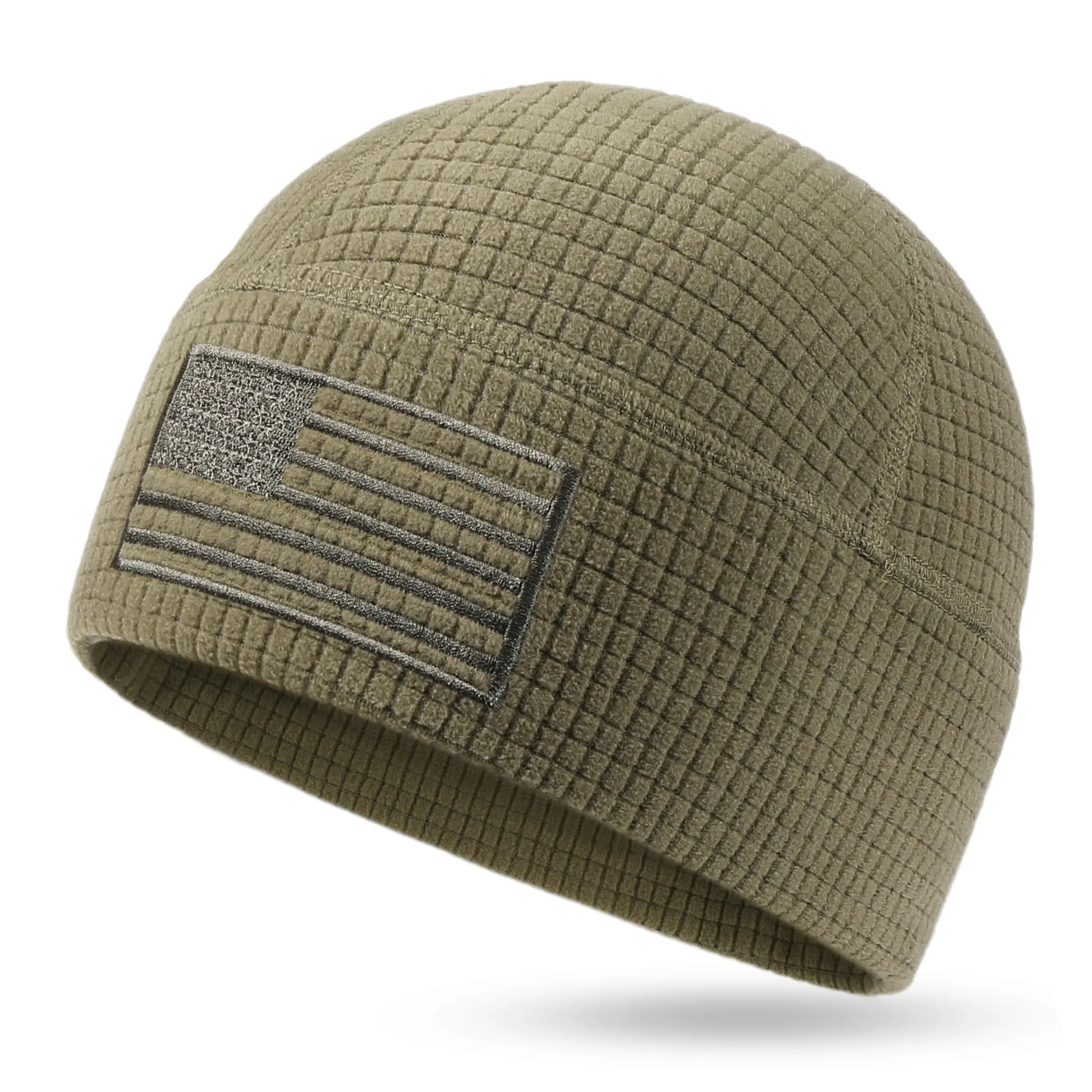 Tactical Grid Fleece Beanie Headgear Hat - Recycled Polyester, American Flag Patch, Lightweight Stretch, Full Head Coverage, Moisture-Wicking Hunting Theme Hat for Hunting, Outdoor Activities, Headgear Hats, Hunting Theme Hats