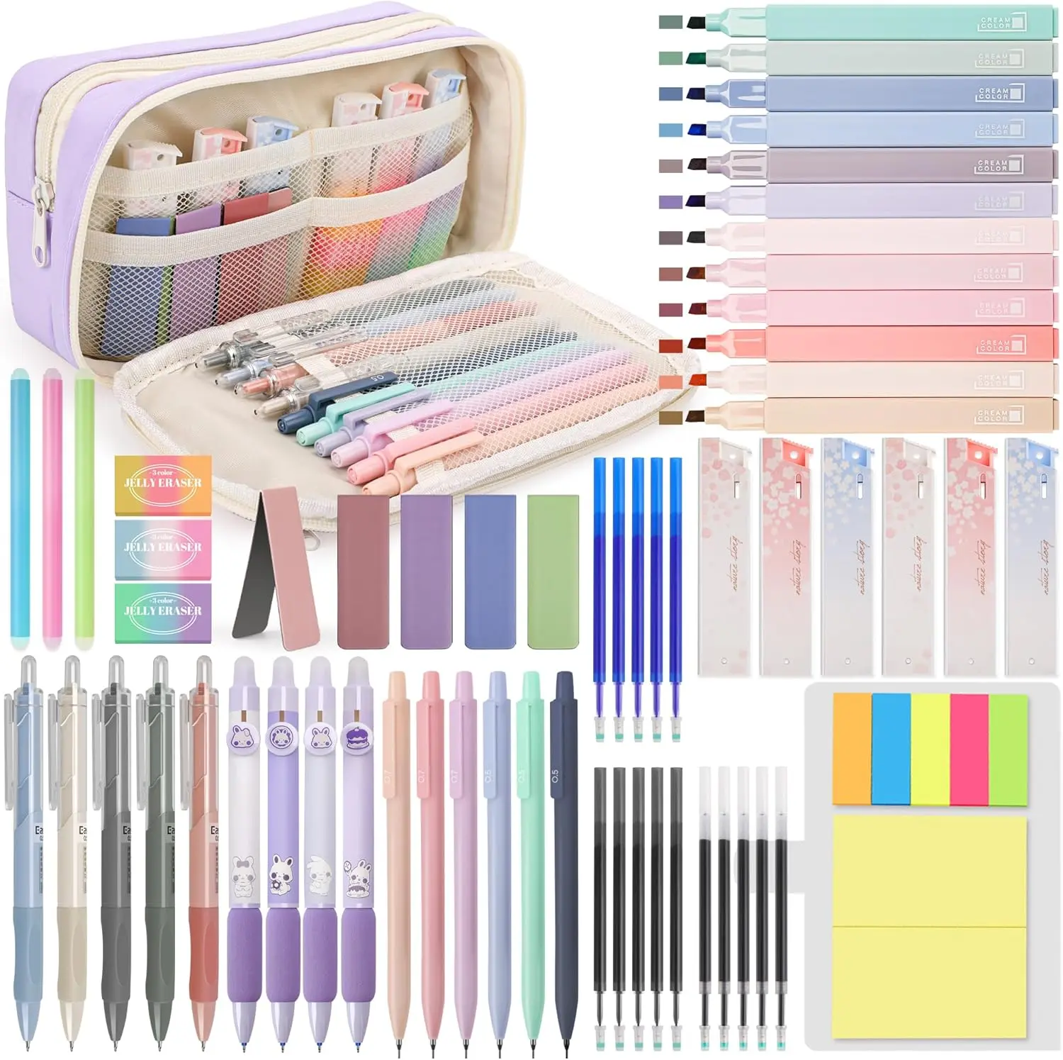 61 count Aesthetic School Supplies with Cute Pen Case, Pastel Highlighters, Gel & Erasable Pens, Mechanical Pencils, Refills, Complete Essentials Stationery Kit for Students (Purple)
