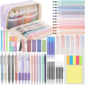 61 count Aesthetic School Supplies with Cute Pen Case, Pastel Highlighters, Gel & Erasable Pens, Mechanical Pencils, Refills, Complete Essentials Stationery Kit for Students (Purple)