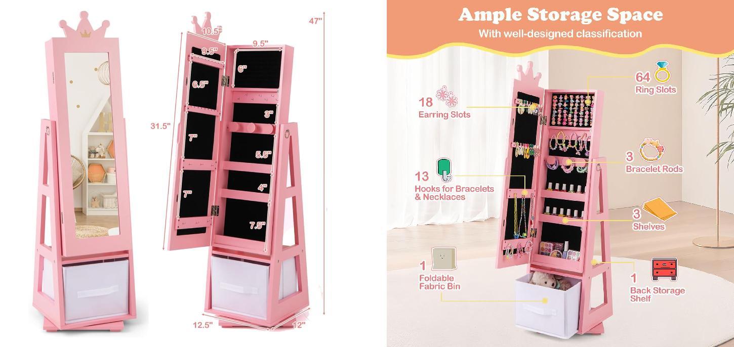 [Costway]-  Kids Jewelry Armoire Cabinet, Wooden Standing Jewelry Organizer with Full-length Mirror and Storage Drawers, gifts birthday,Christmas Festival Gift Black Friday Cyber Monday