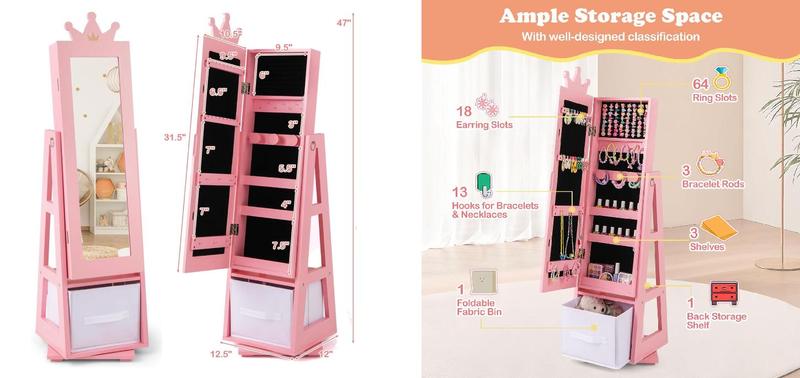 [Costway]-  Kids Jewelry Armoire Cabinet, Wooden Standing Jewelry Organizer with Full-length Mirror and Storage Drawers, gifts birthday,Christmas Festival Gift Black Friday Cyber Monday