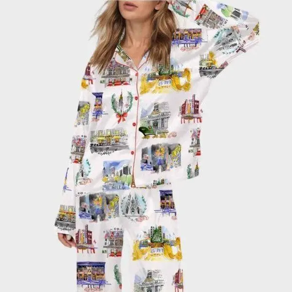 NYC Christmas Holiday Satin Pajama Set, Satin Pyjamas Set 2025 Women's Two-piece  Long Pajamas Set, Casual Comfy Long Sleeve Top & Long  Pajamas Set, Ladies Sleepwear for Summer
