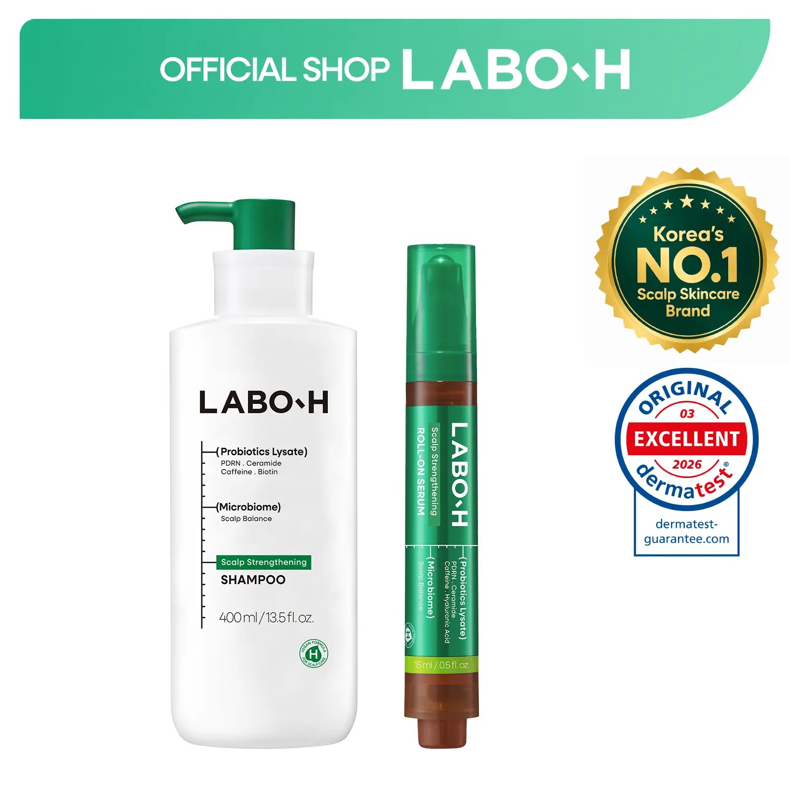 LABO-H Hair Growth Synergy Duo, Without Silicones | PDRN Shampoo & Roll-On Serum | Korean Haircare