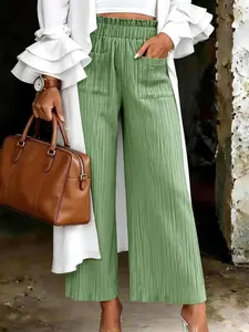 1 Piece Women's Spring Summer Green Textured Wide Leg Pants, Trouser High Waist Paperbag Casual Crops, Casual Chic Trousers, Womenswear