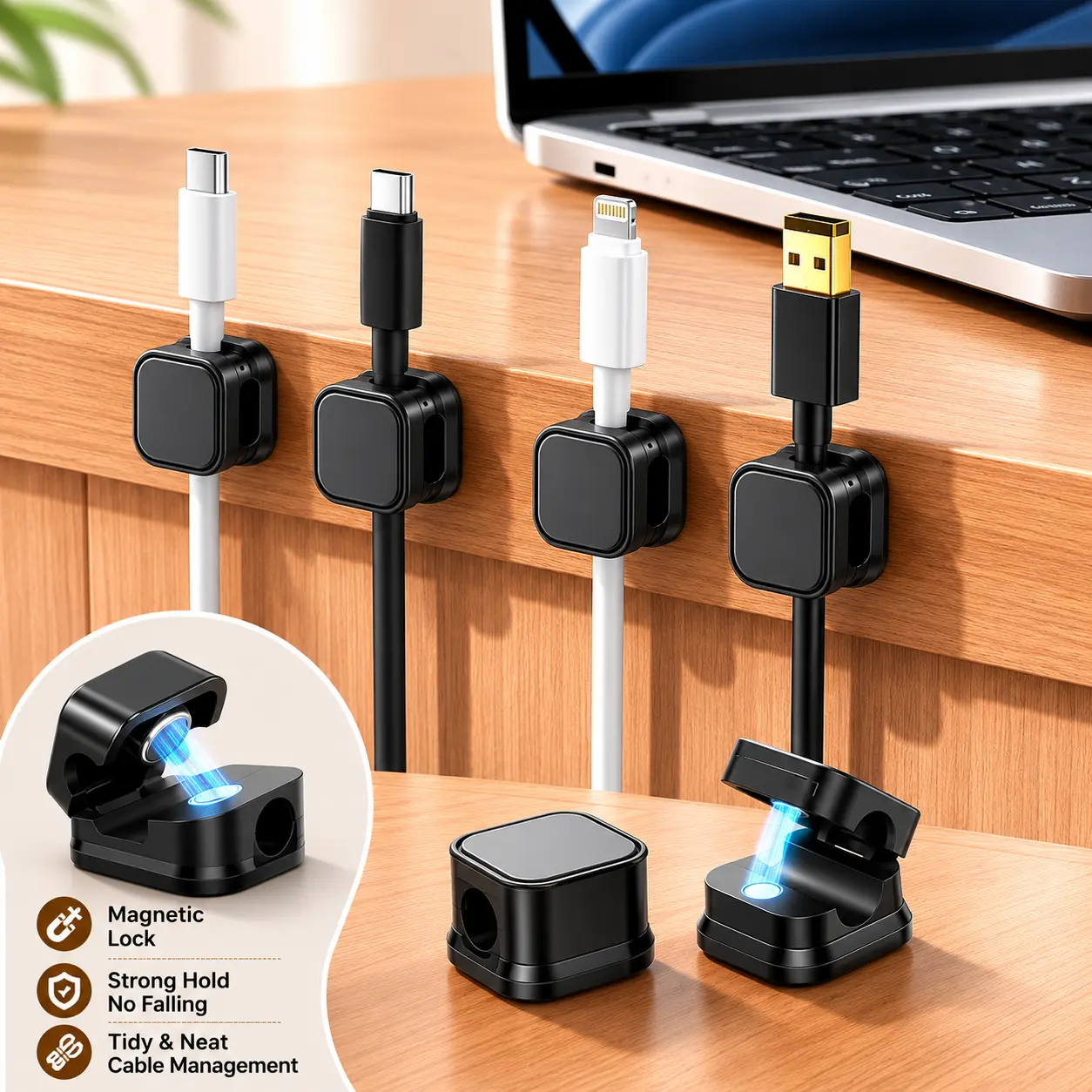 6 Counts Magnetic Cable Organizer Holder, Adhesive Cord Clip for Desktop Cable Sorting and Preventing Wire Tangling