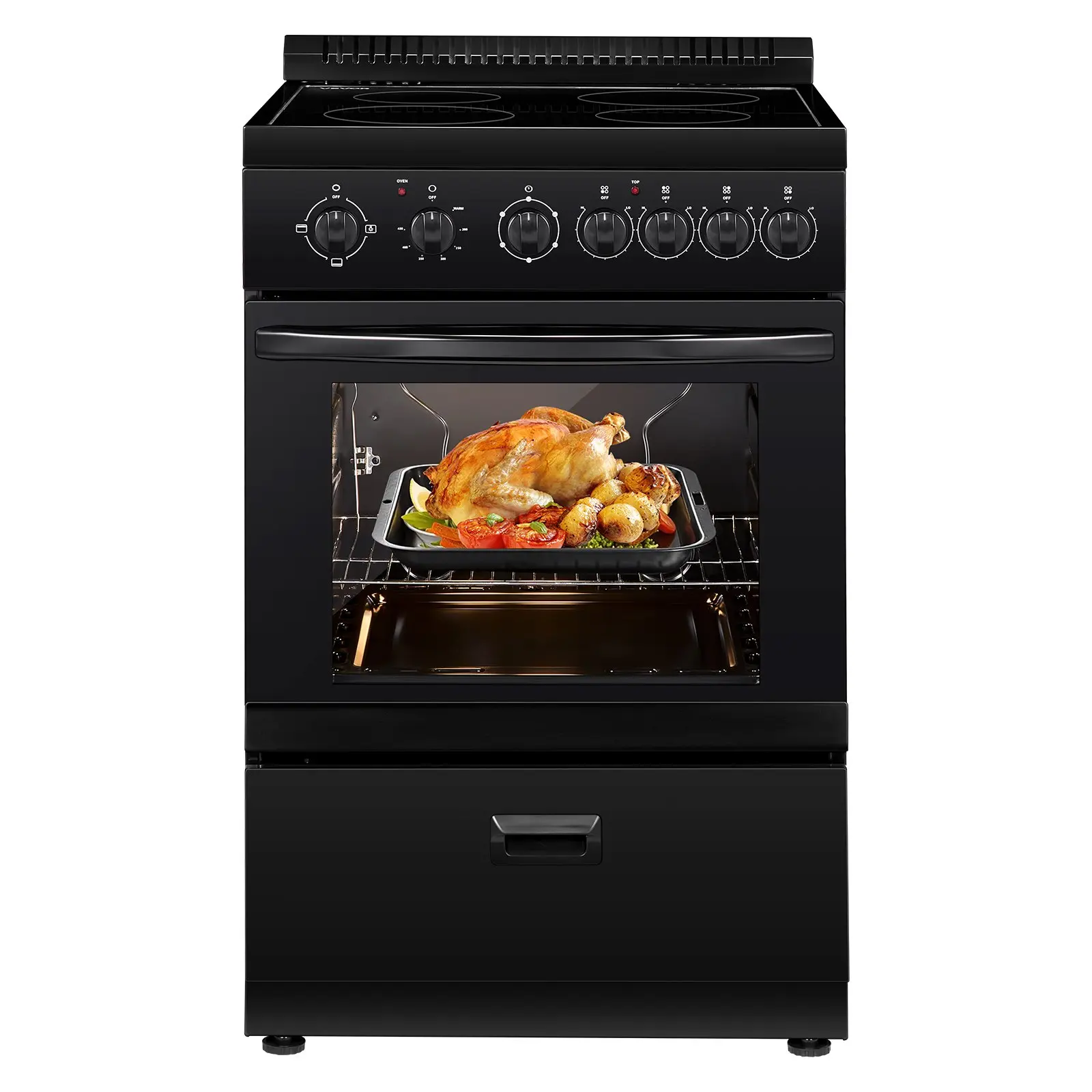 【Summerfinds】VEVOR 24 in Compact Freestanding Stainless Steel Electric Range Oven Cooker, 2.7 Cu. Ft. Convection Oven with 4 Burners, Easy-Reach Rack, Storage Drawer, Drip Pan, Indicator Light, Timer, Broil (No Power Cord), Knob, Modern