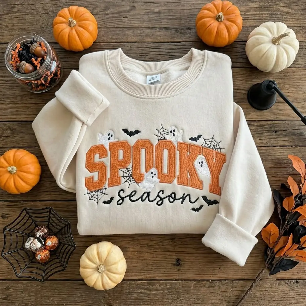 Embroidered Spooky Season Sweatshirt, Ghost Pumpkin Hoodie, Autumn Crewneck, Cozy Halloween Shirt, Halloween Gift