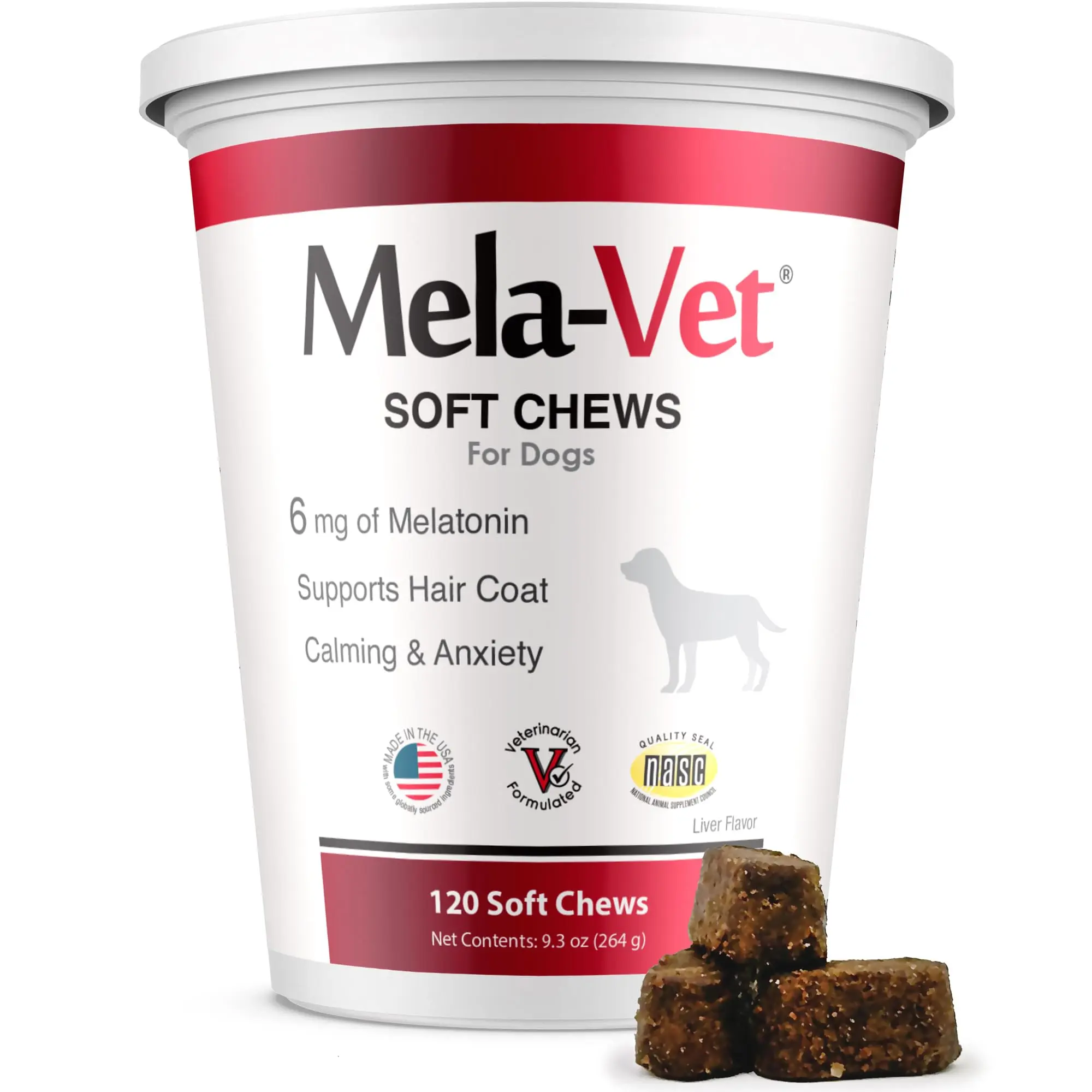 Mela-Vet Melatonin Calming Soft Chews for Dogs - Vet-Formulated Anxiety Relief & Relaxation, Supports Skin & Coat Health with 120 Chews
