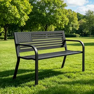 WLLJOY Metal Outdoor Bench, 47in Patio Garden Benches with National Flag Pattern Backrest for Backyard, Lawn, Deck, Porch, Park, Black