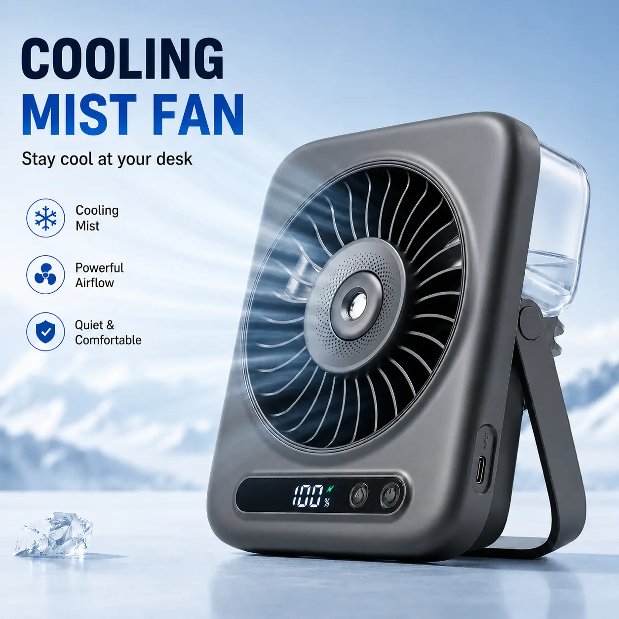 Portable Mist Fan with Adjustable Stand, USB-C Rechargeable Mini Desk Fan for Office, Bedroom, Dorm & Travel