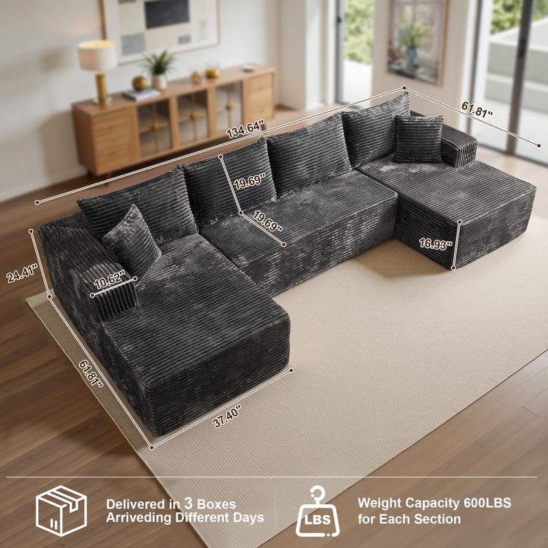 CAODOC Cloud Couch Sectional Modular Sofa, 135" Boneless Couches Sofa for Living Room, Modern Plush U Shaped Sofas Corduroy Couch Sectional with Chaise Lounge