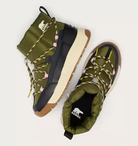 Sorel Whitney III Women's Waterproof Slip-On Boot with Unique Yellow and Pink Laces Green & Black Design