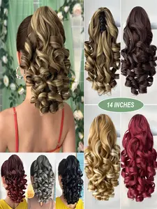 Multi-Color Claw Clip Ponytail Hair Accessory, Deep & Wine, 14 Inch Curly Wave, Heat Resistant Synthetic Fiber, Daily Use, Wavy Synthetic Hairpiece