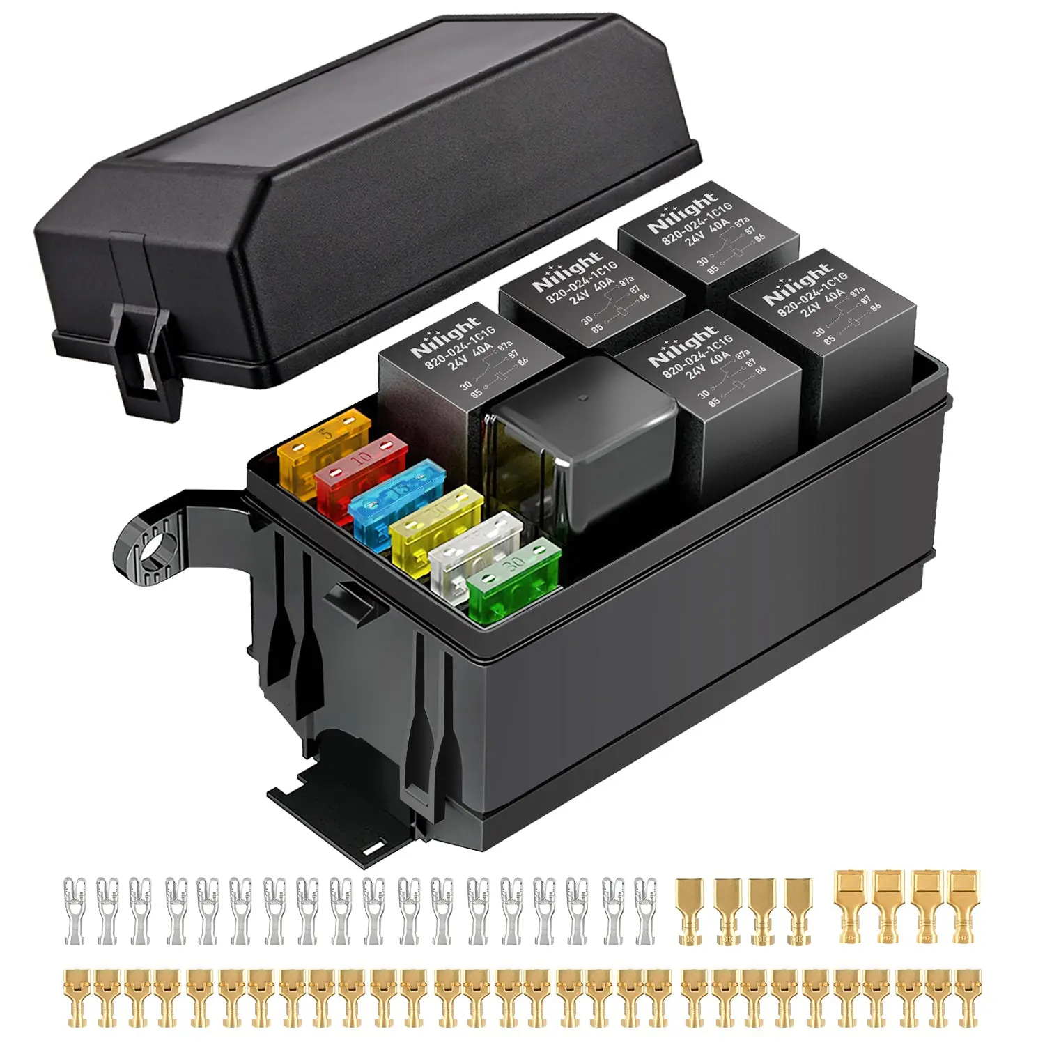 Nilight 12V-24V Waterproof ATC/ATO Fuse and Relay Block Box - 6 Slots, 1 x 4-Pin Relay, 12 Blade Fuses, Anti-Tampering, Wiring Kit for Car, Pickup, Trailer Automotive Electrical Systems