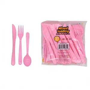 51PCS Disposable Fork Knife Spoon Set Pink Plastic Dining Utensils Party Picnic Supplies