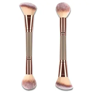 2-in-1 Dual Ended Face Makeup Brush 2 Pack , Soft Synthetic Bristles for Foundation Contour Blush Concealer, Beginner Friendly Travel Brush for Liquid Powder Cream, Space Saving Makeup Tool, Champagne Gold