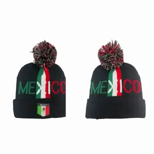 Black Beanies of Mexico Unisex Knit Hat with Pom Pom and Mexico Flag Patch Cotton Material for Men and Women Machine Washable
