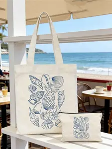 Ocean themed canvas tote bag with starfish and shell patterns. Large capacity foldable shoulder bag for daily commuting, shopping and beach travel. Perfect gift for mom, sea lovers on Mother’s Day, birthdays and holidays.