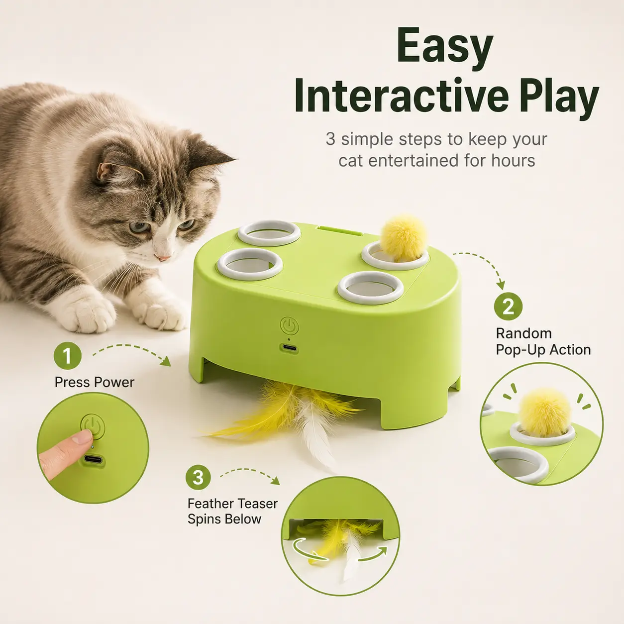 Magic House Interactive Cat Toy with 3 Modes, Rechargeable Whack-a-Mole Feather Toy for Indoor Cats, 4 Holes & 1 Accessories