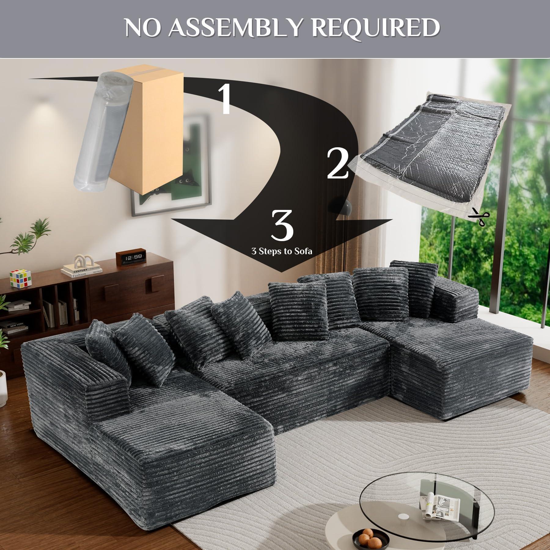 #TikTokShopDealsforYouDays【3 Packages Shipping】Modular Sectional Sofa Cloud Couch 131" Black Boneless Sectional Couches for Living Room Comfy Deep Seat Plush Corduroy Sofa Modern Fluffy Memory Foam U Shape Couch with Chaise Lounge Modular Sectional Couch