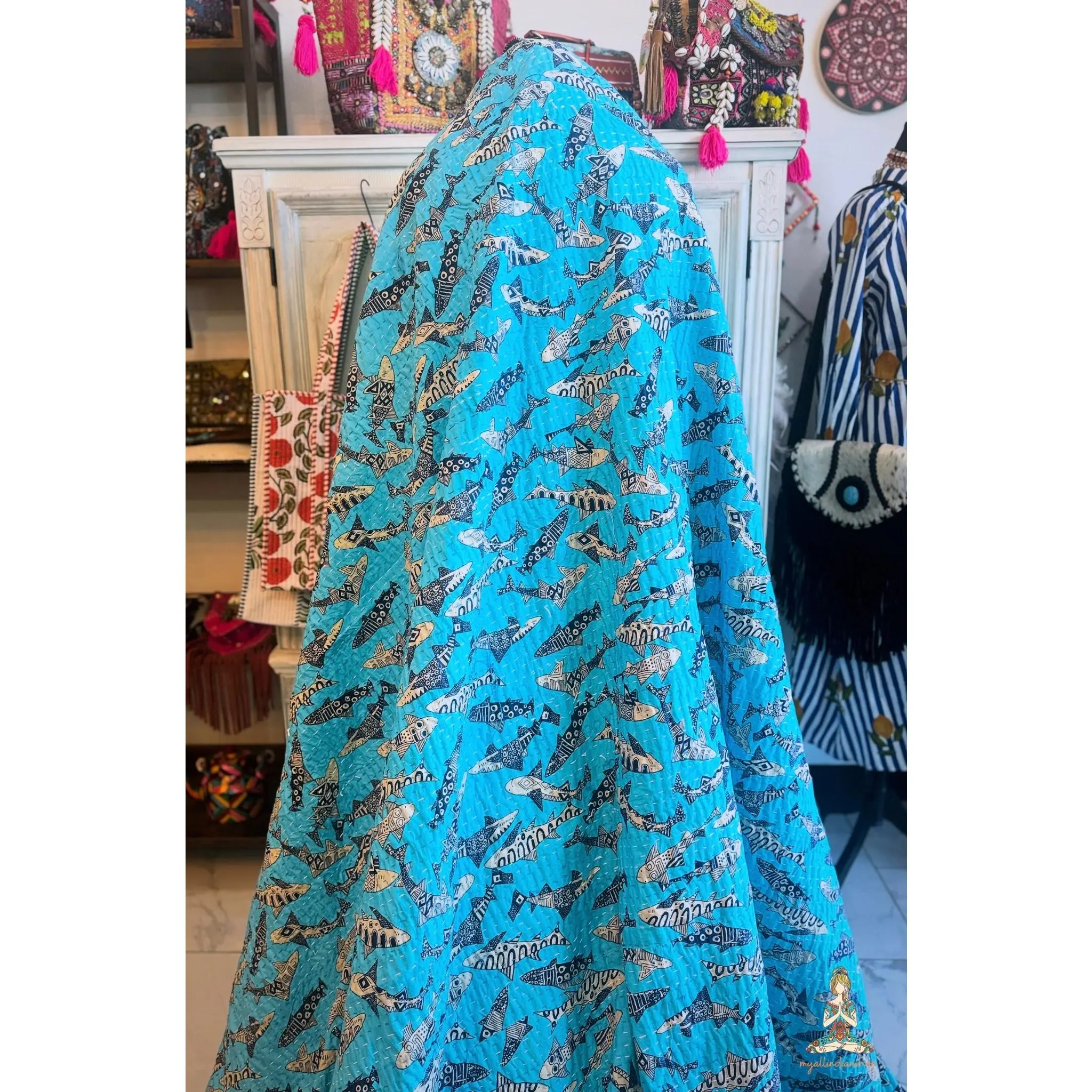 Turquoise Tide | Tribal Shark Print Kantha Quilt | 100% Cotton | Handmade | 90x110” Queen/King