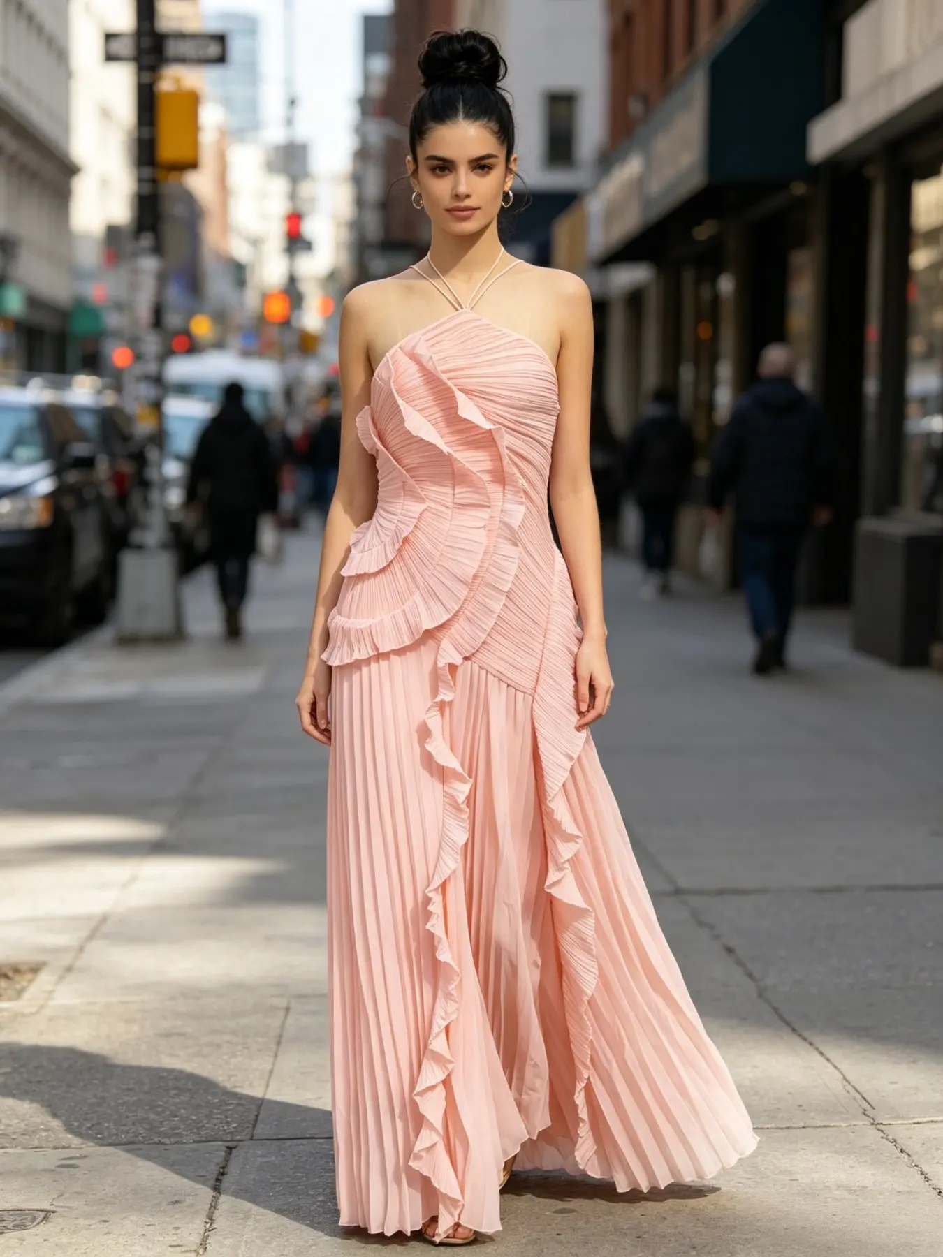 Ruffle Pleated Midi Dress, Formal Elegant Fitted Design, All-Season Wear, Solid Color, Plain Surface, Lightweight Fabric