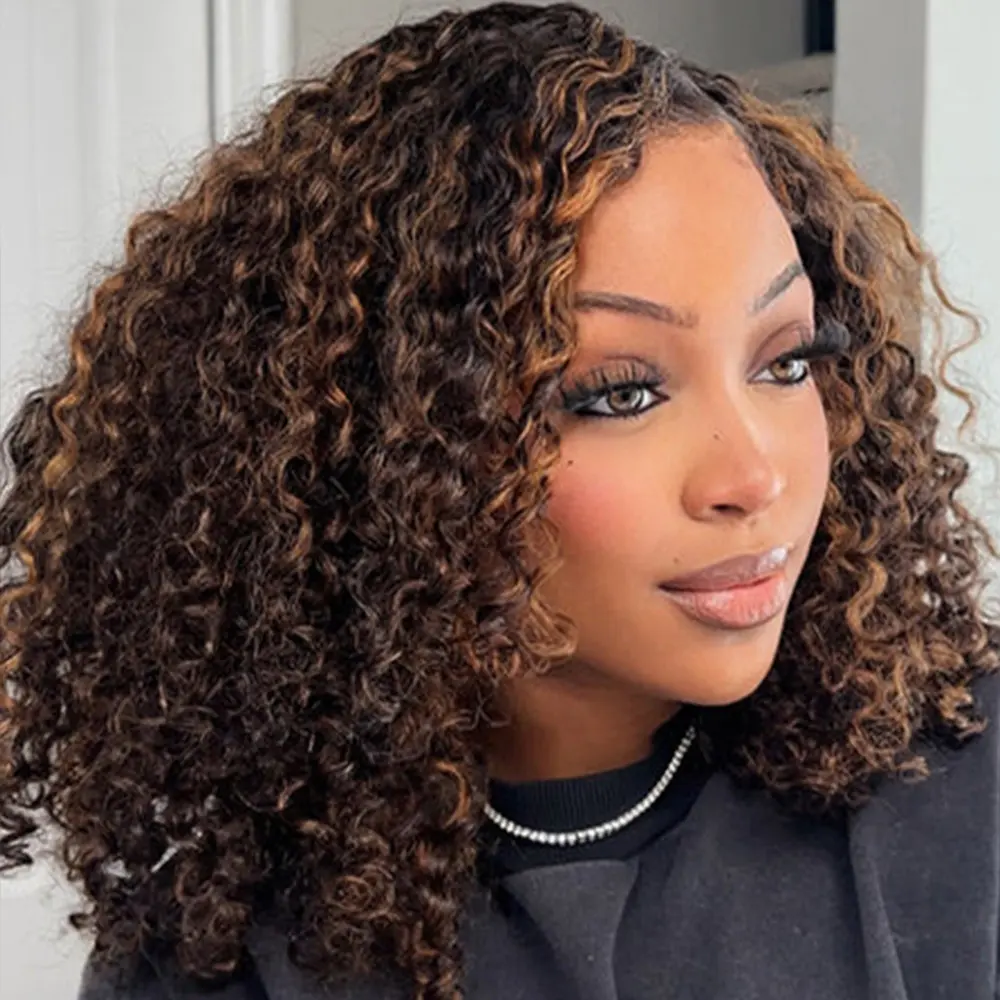 CurlyMe Wear Go Balayage Highlight Ombre Brown Water Wave Bob Water Wave Pre-Cut 7x5 Glueless Wig with Adjustable Draw-string