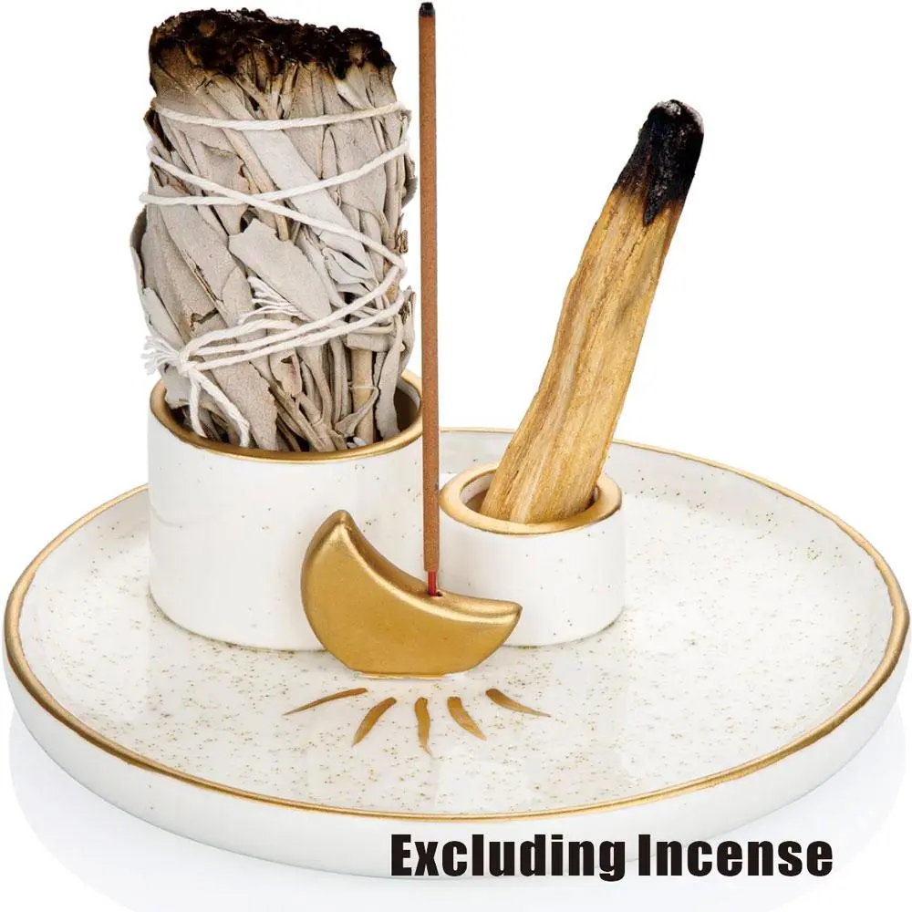 5 in 1 Ceramic Incense Holder, 1 Count Incense & Candle Holder, Candle Burner for Burning Sage, Ash Catcher Tray for Smudge Meditation Yoga, Freshener Scent, Incense Dish