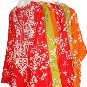 Indian Chikankari Floral Print Embroidery Kurti for Women