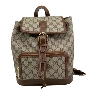 Pre-owned GUCCI Leather Backpacks Retro Interlocking G Buckle GG Supreme Azalea Calfskin Backpack Beige 674147