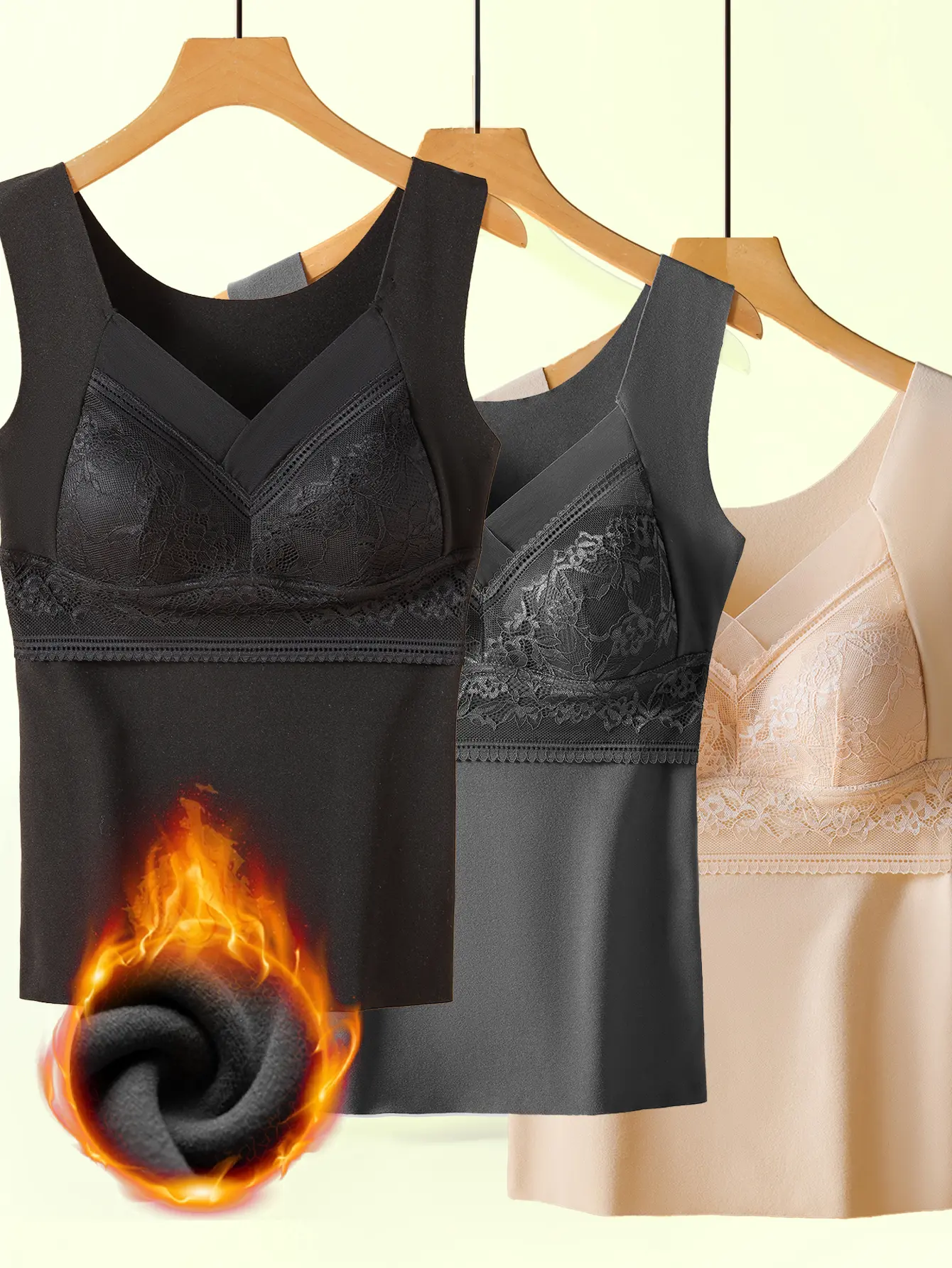 Women's 3-Pack Velvet Thermal Underwear Bras - V-Neck Sleeveless, Built-In Soft Breathable Skin-Friendly Elastic, Contrast Lace Detail, Luxe Cozy Fit, Plain Basic Style, Elegance, Machine Washable, Ideal for Autumn Winter Everyday Casual Wear