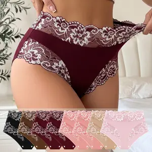 Morelect 4/8-Pack Women's High Waist Panties, Floral Lace Splicing, Breathable Soft Lightweight, Everyday Basic Undies.