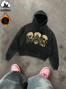 Women's Halloween Skull Print Hoodie, Womenswear Casual Fitted Cotton Sweatshirt, Long Sleeve Pullover for Fall & Winter, Vintage Wash Style