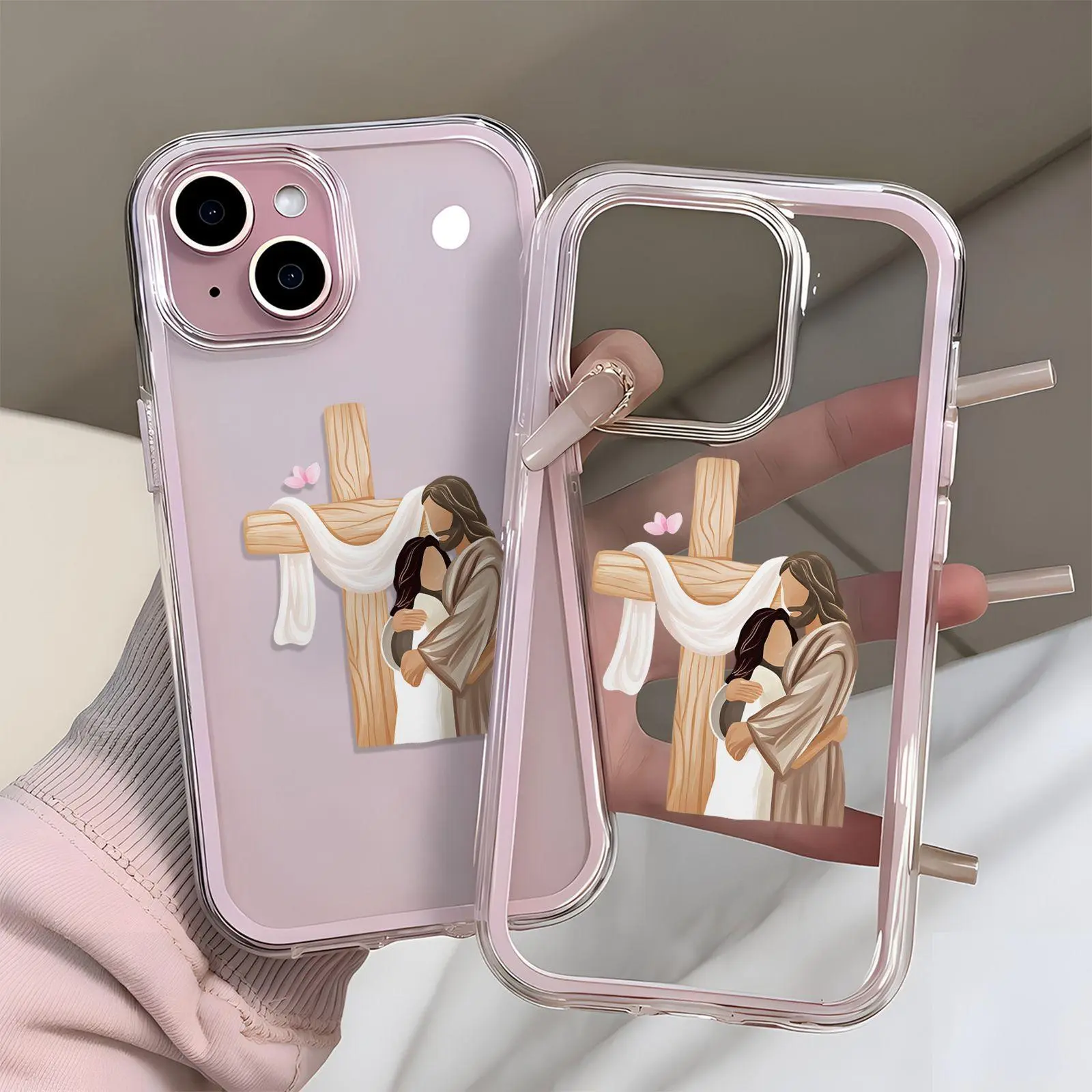 Hard TPU Pink Jesus Cross Religious Pattern Smartphone Case - Shockproof, Anti-Drop Faith Aesthetic Shell for iPhone 13-17 Pro Max Believers, Durable Casing, Protective Mobile Accessories, Cellphone