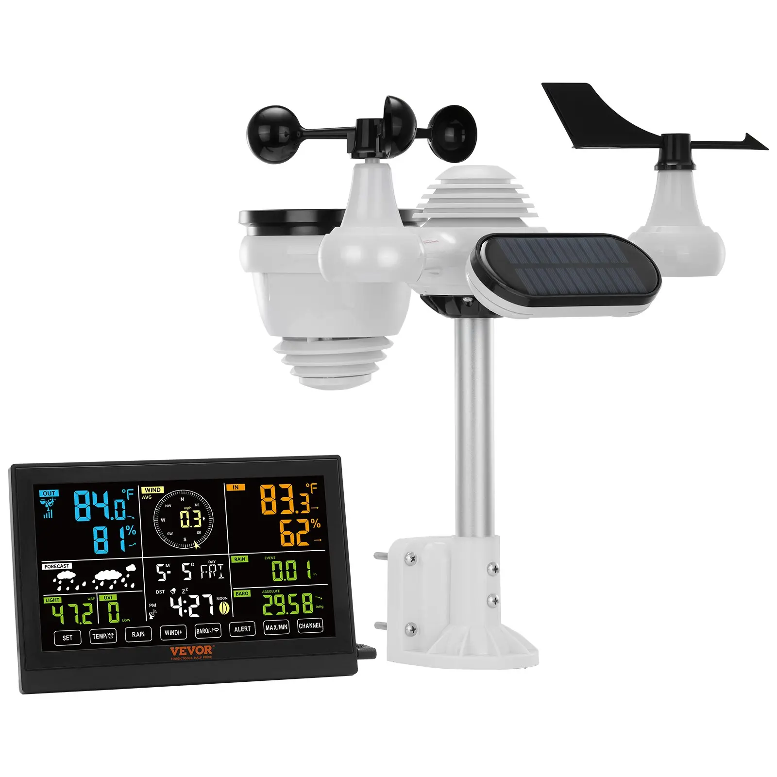 【DealsForYouDays】VEVOR 7-in-1 Wireless Weather Station, 7.5 in Large Color Display Digital Home Weather Station for Indoor Outdoor Use, Temperature Humidity Wind Speed/Direction Rain UV Monitoring, Forecast Data, Alarm Alerts, Solar Powered, Rainfall, Out
