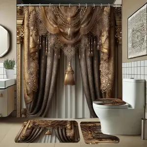 Modern Fashion Bathroom Set Includes Shower Curtain and Rug, Non-Slip Bath Mat, U-Shaped Toilet Lid Cover Pad, Hooks Included, Shower Curtain Sets, Shower Essentials
