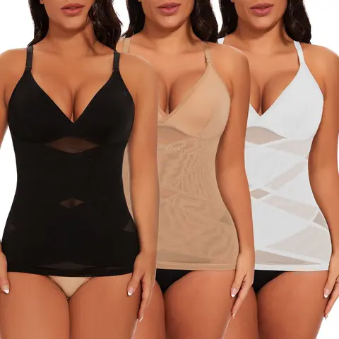 Women's Smooth Nylon-Spandex Tummy Control Shapewear Tank Top Cami - V-Neck, Bra-Integrated, Fit Fabric, Comfortable for Day, Evening, Wedding Wear