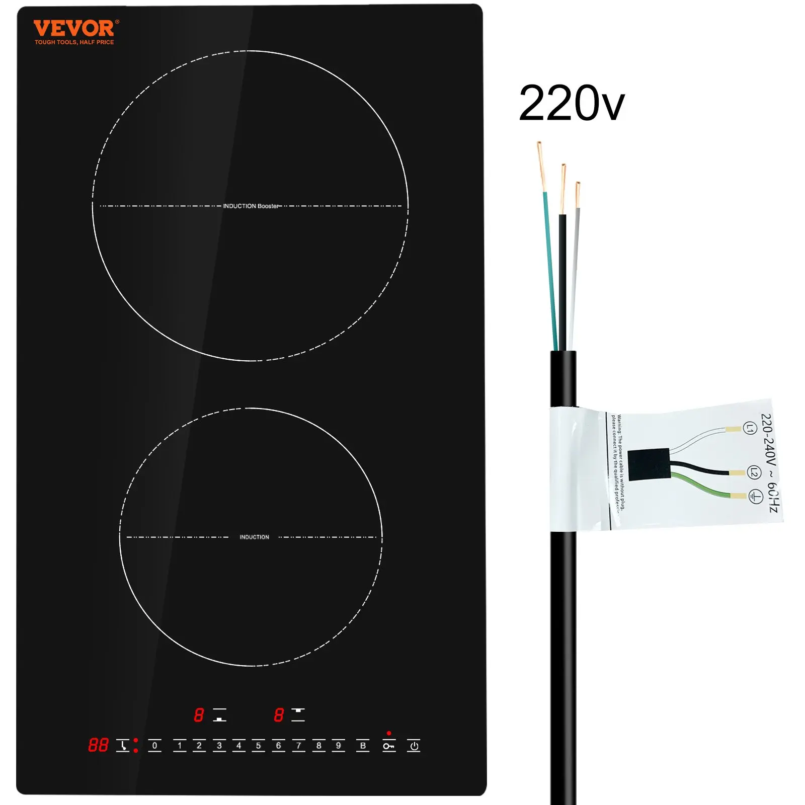VEVOR Built-in Induction Cooktop, 12-in 2-Burner Electric Magnetic Stove Top (3000W), 9 Heating Levels, LED Touch Screen, 1-99 Minute Timer, Automatic Shut-Off, Child Lock, Over-Temperature Protection for Pregnant Women & Elderly