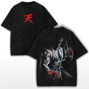 Ryu x Street Fighter – Dark Hadou Vintage Washed Oversized Tee featuring Bold Back Graphic for True Gamer Collector Drop Tops